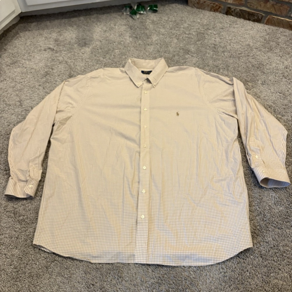 VTG Ralph Lauren Mens 2XB BIG White Brown Gingham Micro Plaid Preppy L/S Shirt
